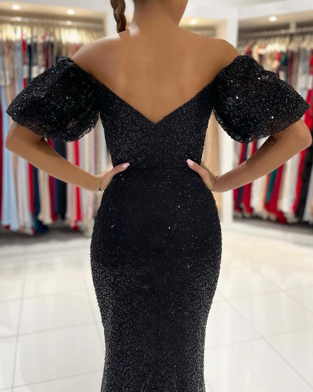 Long Mermaid Off the Shoulder Glitter Side Slit Black Prom Dress with Sleeves