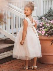 Jewel Neck Ivory Flower Girl Dress Sleeveless Formal Kids Dress for Party