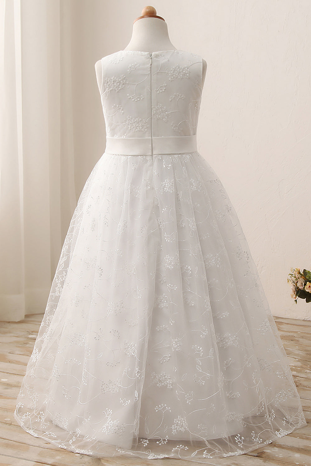 Cute Long A-line Jewel Lace Sleeveless Floor length Flower Girl Dress