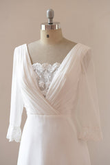 A-line Backless Long Chiffon Beach Wedding Dress with  3/4 Sleeves
