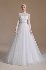 Modest A-line High Neck Long Sleeves Tulle Lace Wedding Dresses