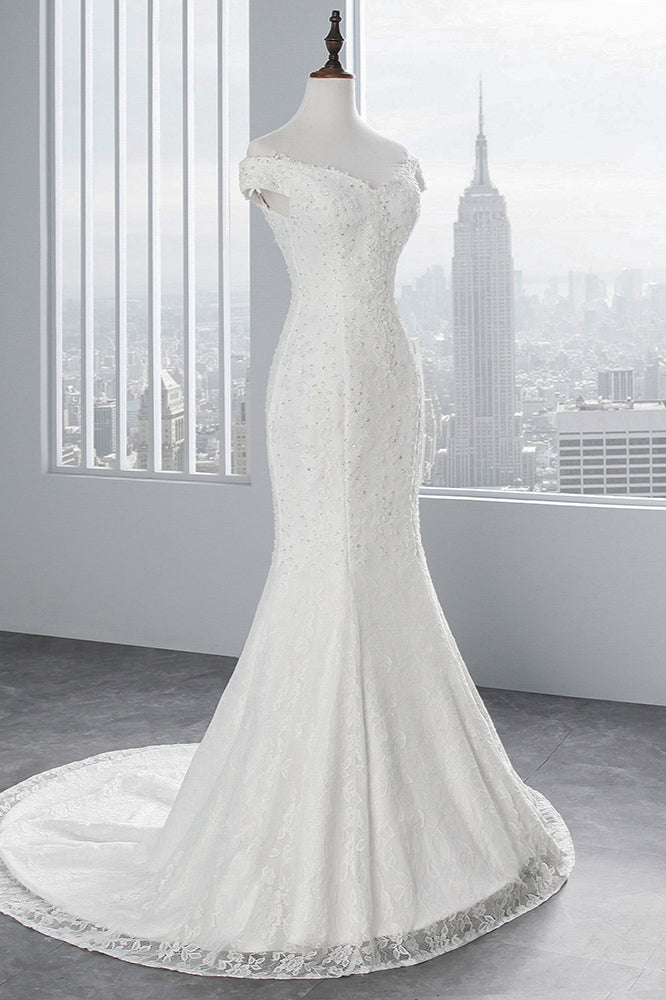 Elegant Long Mermaid Off the Shoulder Floor Length Lace Wedding Dress