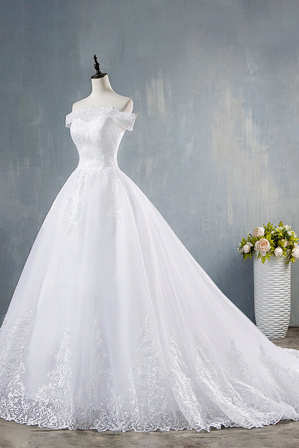 Elegant Long Off The Shoulder Appliques Lace Tulle A-line Wedding Dress