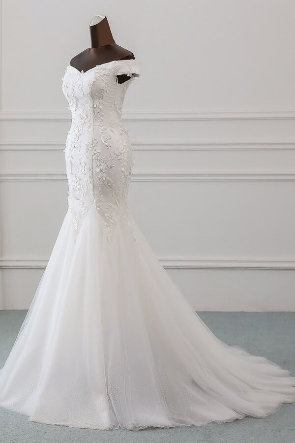 Long Off the Shoulder Lace-up Applique Mermaid Wedding Dress