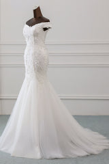 Long Off the Shoulder Lace-up Applique Mermaid Wedding Dress