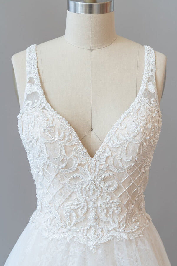 Long A-line V-neck Backless Appliques Tulle Chapel Train Wedding Dress