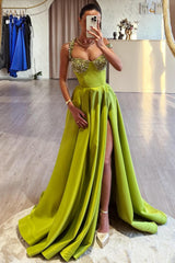 Off The Shoulder Long A-Line Split Front Satin Prom Dress with Ruffles