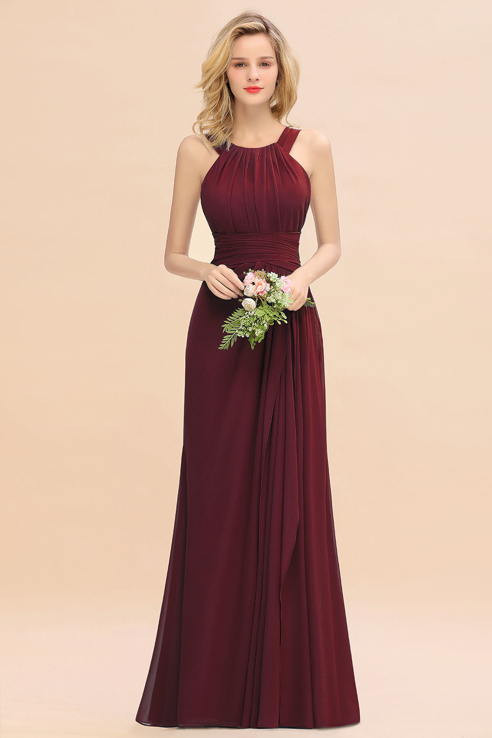 Long A-line Halter Chiffon Backless Floor Length Bridesmaid Dresses