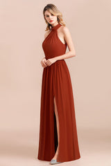 A-Line Halter Chiffon Floor Length Ruched Bridesmaid Dress With Side Slit