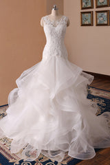 White Mermaid Lace Ruffled Long Tulle Wedding Dress