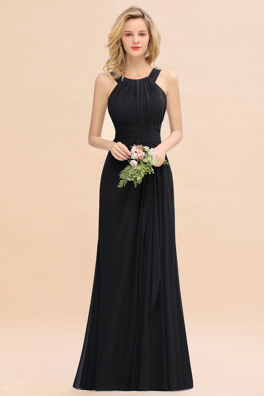 Long A-line Halter Chiffon Backless Floor Length Bridesmaid Dresses