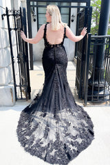Long Black Spaghetti Straps V-neck Appliques Lace Tulle Mermaid Prom Dress
