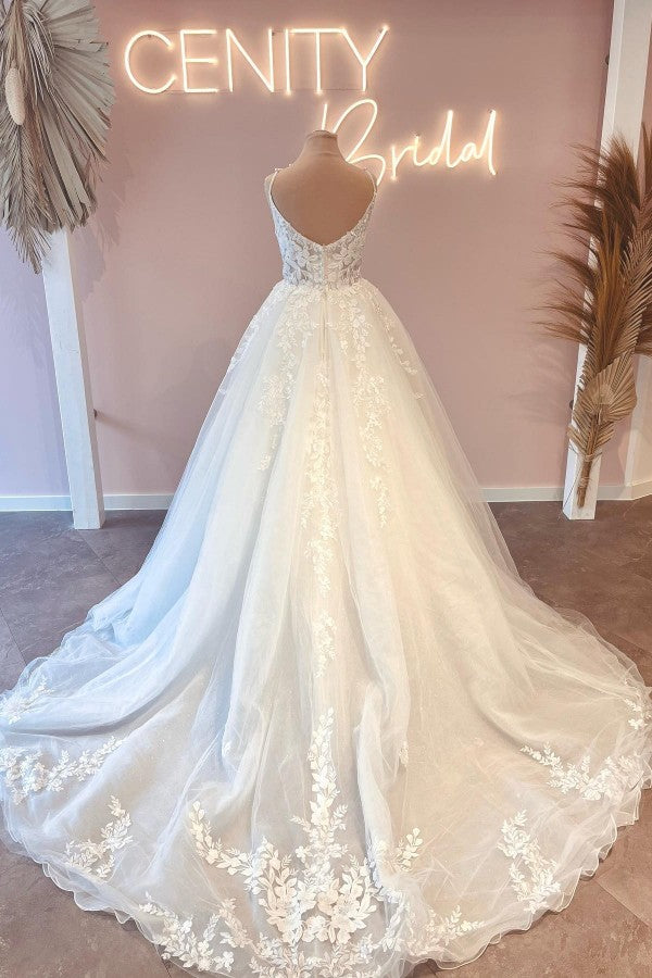 Simple Long A-line Sweetheart Lace Tulle Backless Wedding Dresses