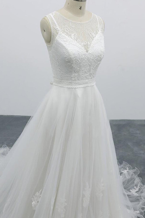 Long Sweetheart Appliques Lace Tulle A-line Wedding Dress