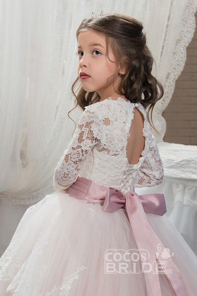 Long Scoop Neck Ball Gown Flower Girl Dress with Long Sleeves