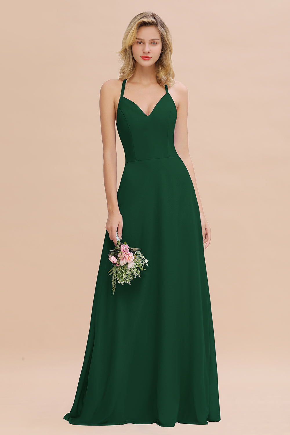 Stylish Chiffon Spaghetti Straps Sleeveless Long Bridesmaid Dress