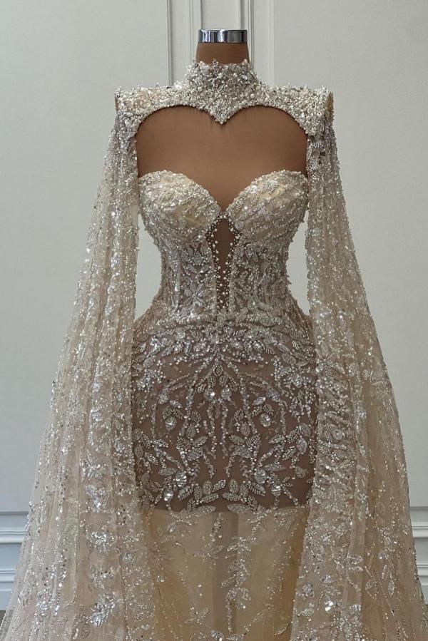Long Mermaid Sweetheart Tulle Lace Wedding Dresses with Tulle Cape