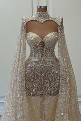 Long Mermaid Sweetheart Tulle Lace Wedding Dresses with Tulle Cape
