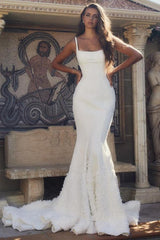 Long Spaghetti Straps White Floor Satin Length Mermaid Wedding Dress