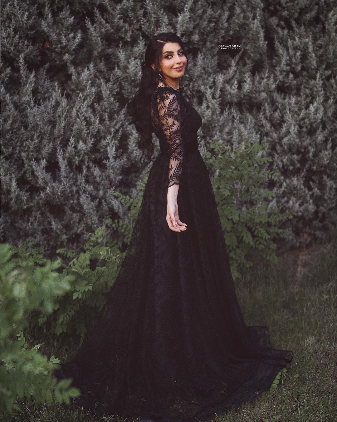 Black Long A-line Tulle Lace Wedding Dress with Sleeves