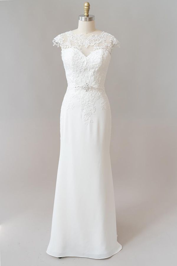 Long Mermaid Lace Chiffon Wedding Dress es with Cap Sleeve
