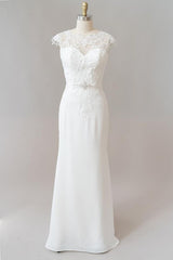 Long Mermaid Lace Chiffon Wedding Dress es with Cap Sleeve