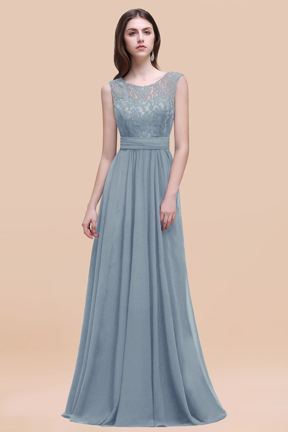 Elegant A-line Chiffon Lace Scoop Sleeveless Floor Length Bridesmaid Dress