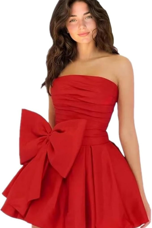 Simple Short A-line Strapless Sleeveless Ruffle Satin Homecoming Dress
