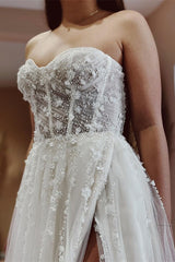 Sexy Long A-line Sweetheart Tulle Lace Wedding Dress with Slit