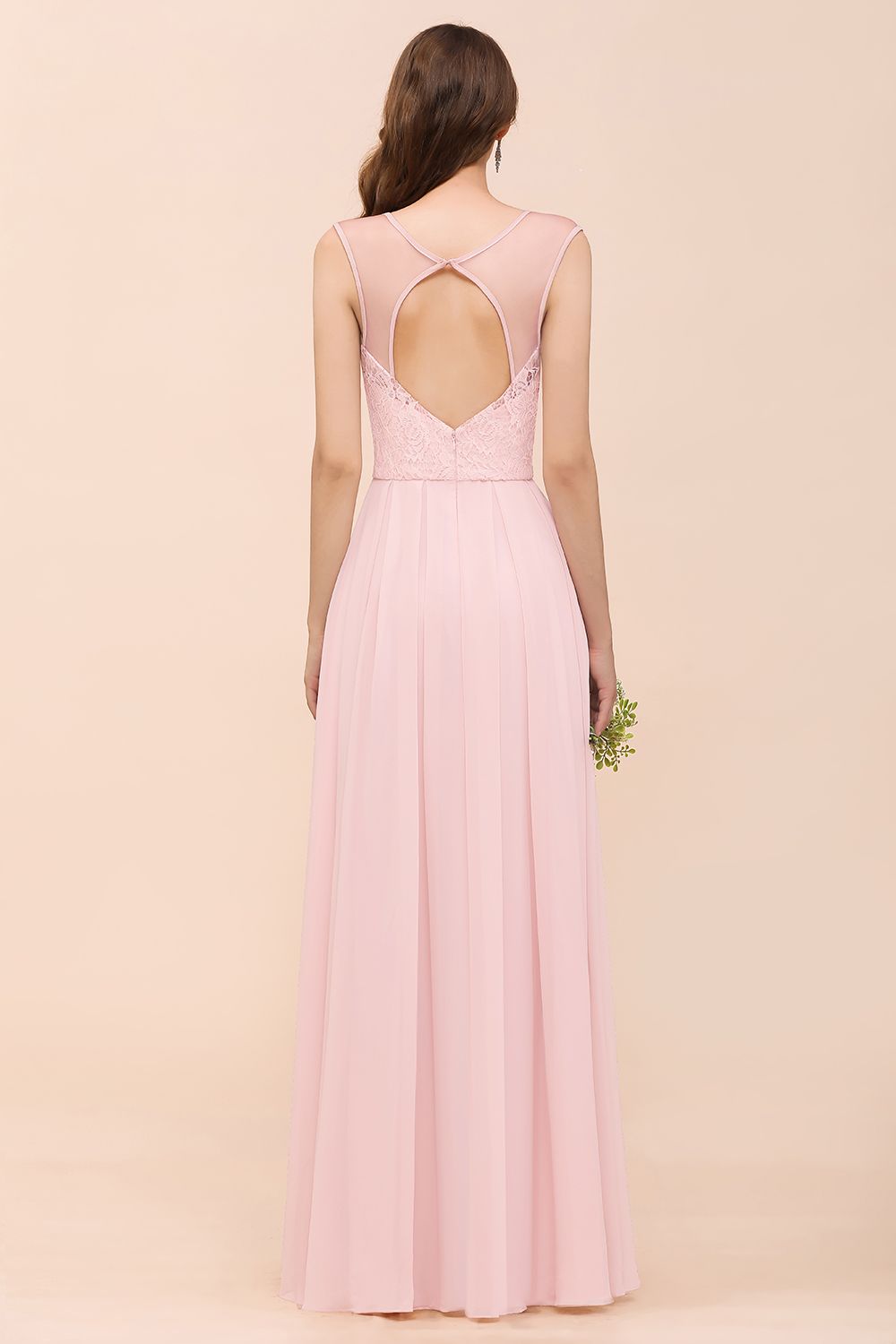 Elegant Long A-line Sweetheart Lace Chiffon Pink Bridesmaid Dress