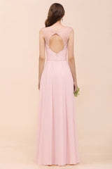 Elegant Long A-line Sweetheart Lace Chiffon Pink Bridesmaid Dress
