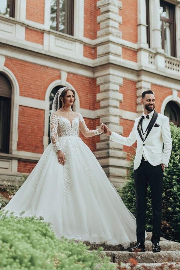 Gorgeous Long Sleeves Appliques Lace White Long Tulle A-line Wedding Dress