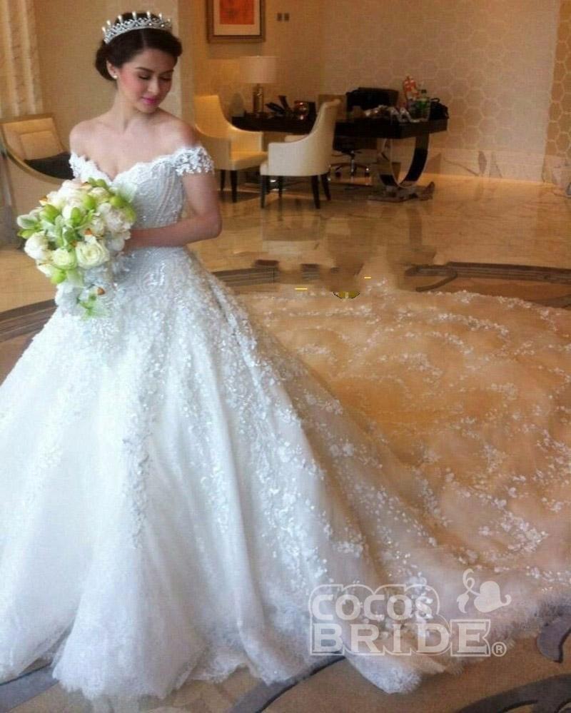 Gorgeous Long Off the Shoulder Ball Gown Princess Tulle Lace Wedding Dress