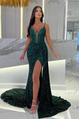 Dark Green Long Mermaid Deep V-Neck Sequined Prom Dress with Front Split
