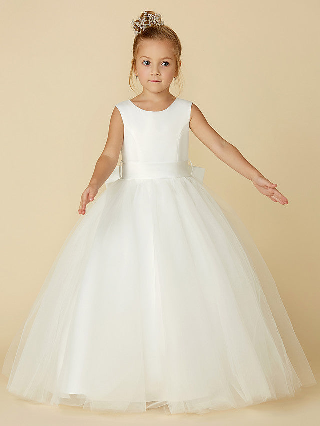 Long A-line Tulle Sleeveless Jewel Neck Satin First Communion Flower Girl Dresses