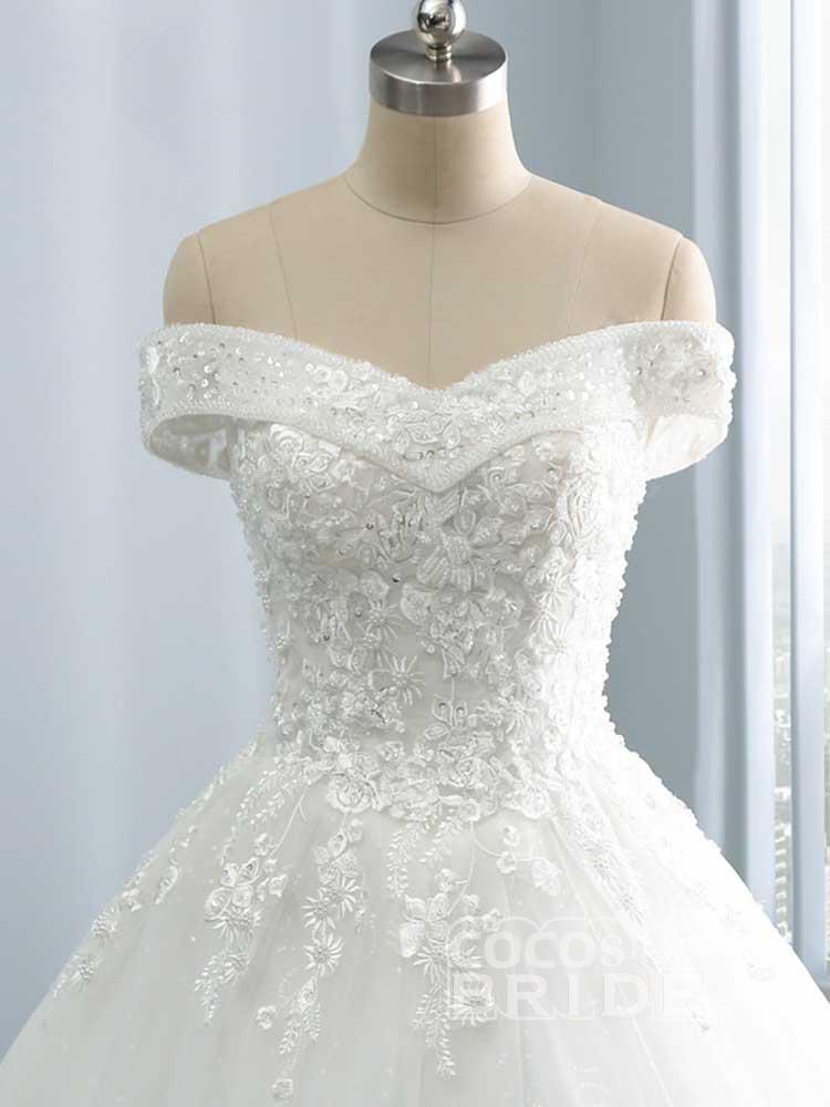 Gorgeous Long Tulle Off the Shoulder Lace Ball Gown Wedding Dresses