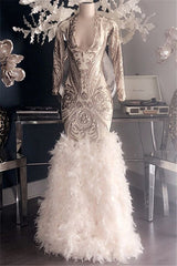 Long Mermaid V-neck Appliques Lace Prom Dress with Sleeves