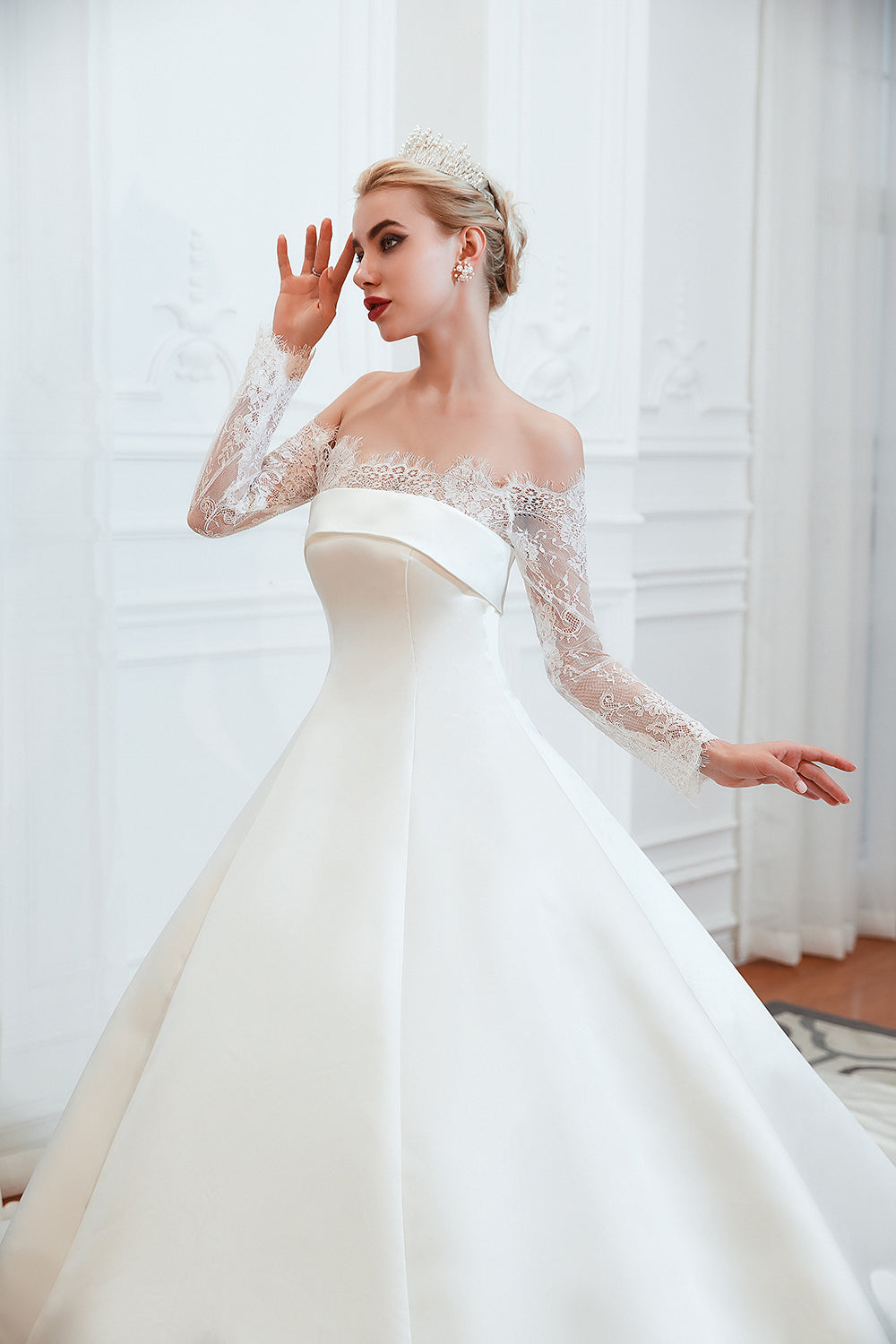 Stunning Off the Shoulder Long Sleeve A-Line Satin Church Wedding Dress