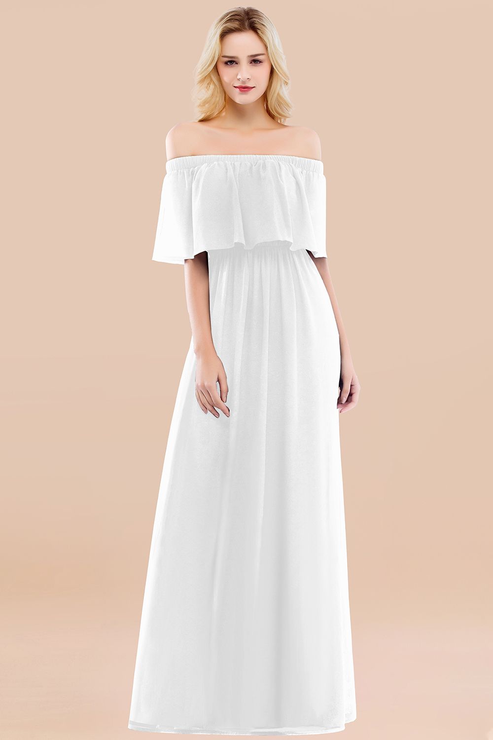 A-line Chiffon Off the Shoulder Short Sleeves Ruffles Floor Length Bridesmaid Dress