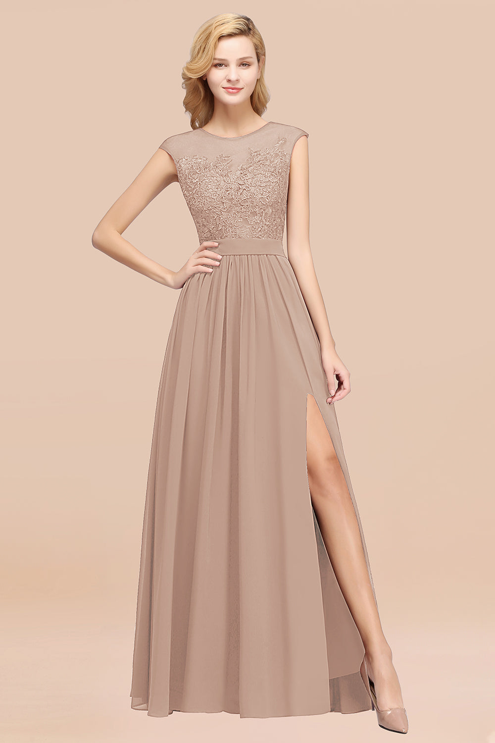 A-line Chiffon Lace Jewel Sleeveless Floor Length Bridesmaid Dresses with Appliques