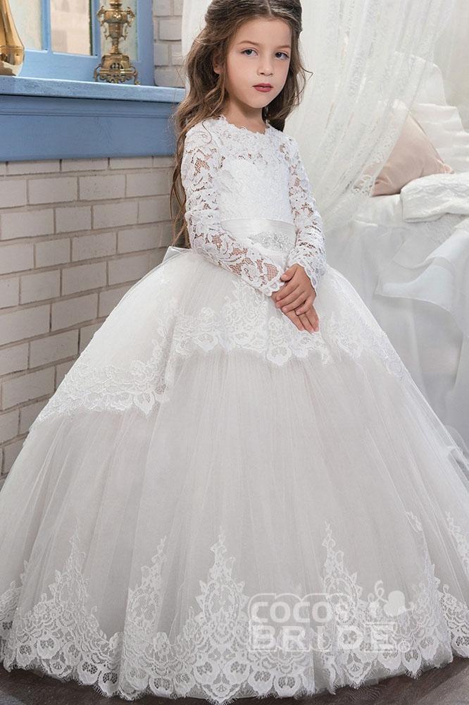 Long Scoop Neck Ball Gown Flower Girl Dress with Long Sleeves