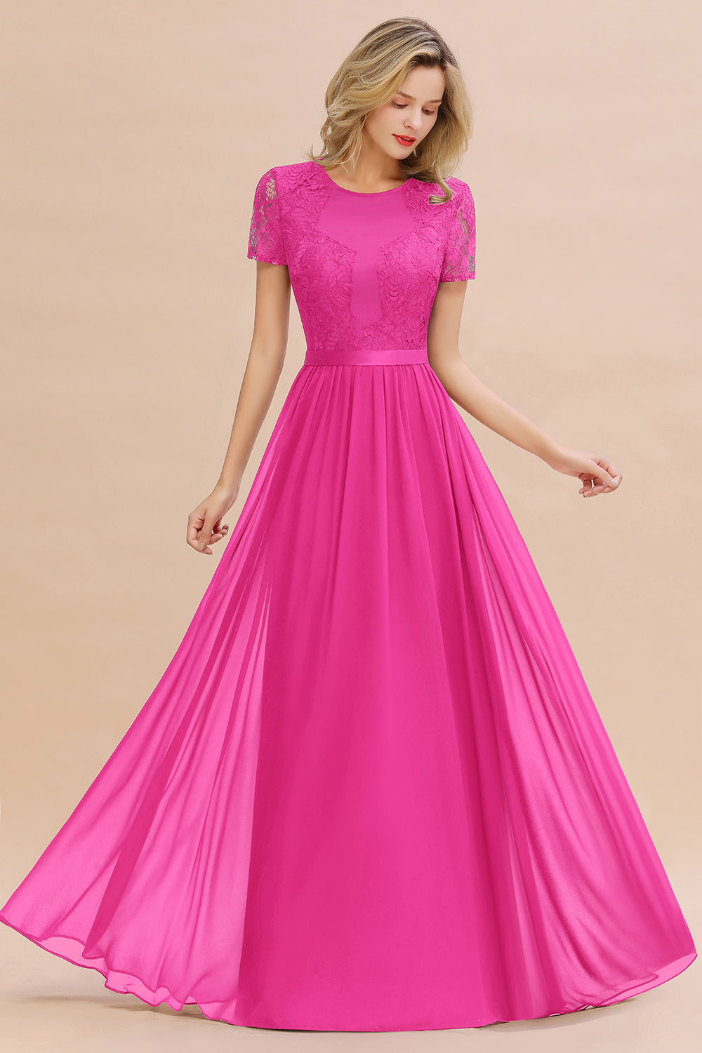 Chiffon Lace Scoop Short Sleeve Bridesmaid Dress