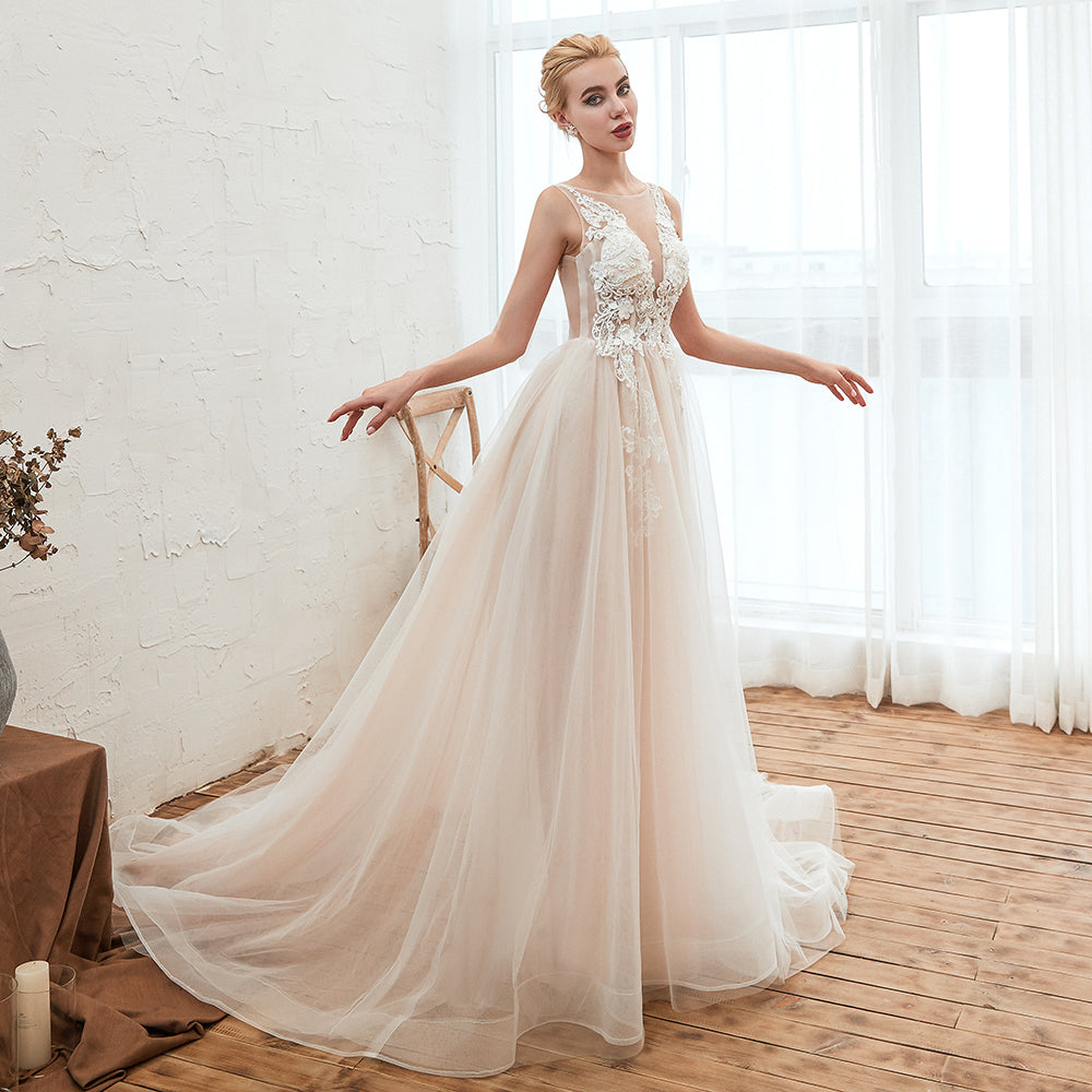 Long A-line Bateau Tulle Open Back Wedding Dress With Floral Lace