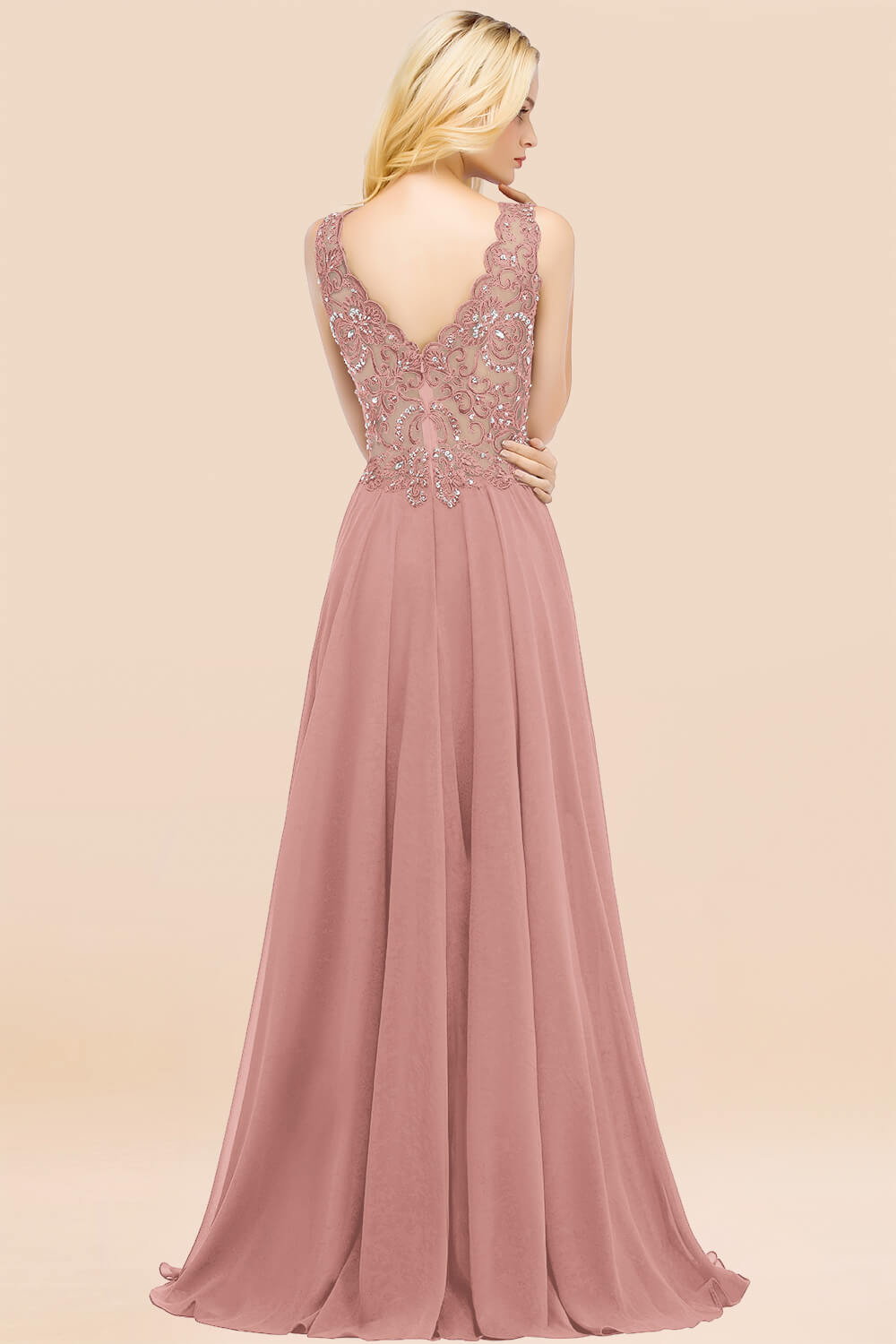 Dusty Rose Lace V-Neck Long Bridesmaid Dresses With Appliques