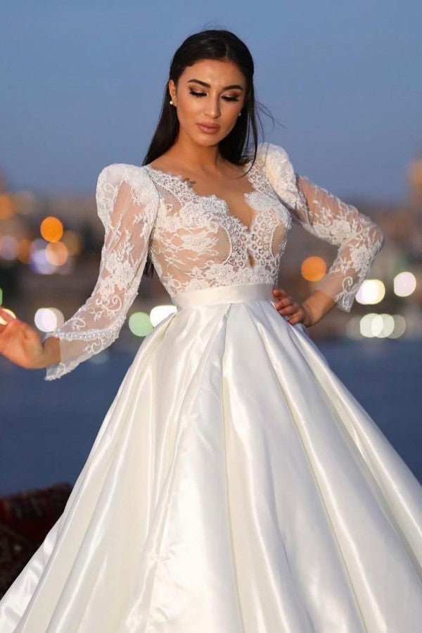 Gorgeous Long A-line Sweetheart Satin Lace Wedding Dresses with Sleeves