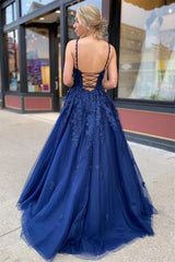 Long A-line V-neck Spaghetti Straps Appliques Lace Tulle Backless Prom Dress