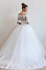 Long Off the Shoulder Lace Tulle Ball Gown Wedding Dress with Sleeves