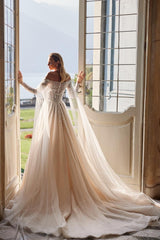 Gorgeous Long A-line Off the Shoulder Tulle Lace Wedding Dresses with Sleeves