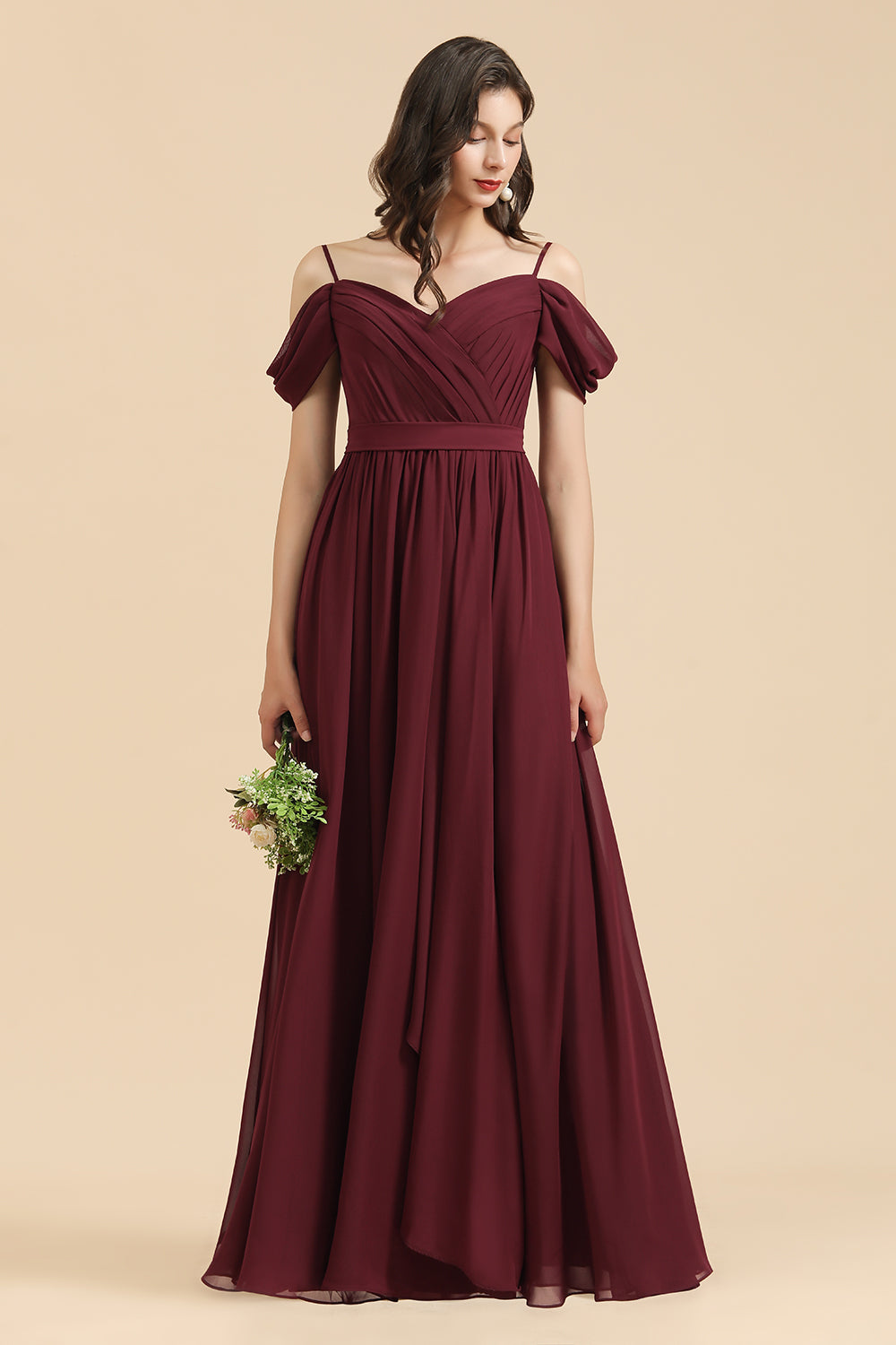Long A-line Off the Shoulder Chiffon Bridesmaid Dress with Slit Burgundy Evening Maxi Dress