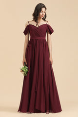 Long A-line Off the Shoulder Chiffon Bridesmaid Dress with Slit Burgundy Evening Maxi Dress